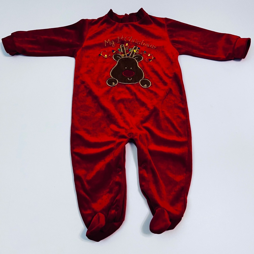 Vintage Kidgets My First Christmas Romper 12M Red Velour Reindeer